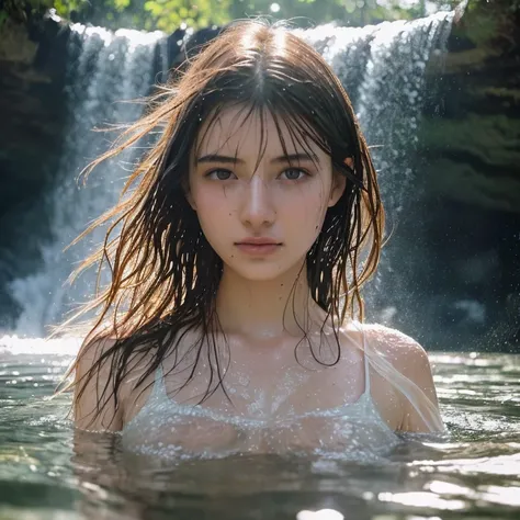 Symmetrical, High Detail RAW Color Photo Professional Close-Up Photo, [:( High Detail Face: 1.2): 0.1], (PureErosFace_V1: 0.8), Double tail, half body, pores, real skin, breast focus, straight up, an 18 year old woman under a waterfall, body in contact wit...