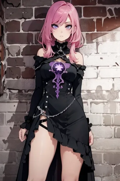 a pink haired female reaper with violet eyes with an hourglass figure in a cool dress is leaning against a brick wall