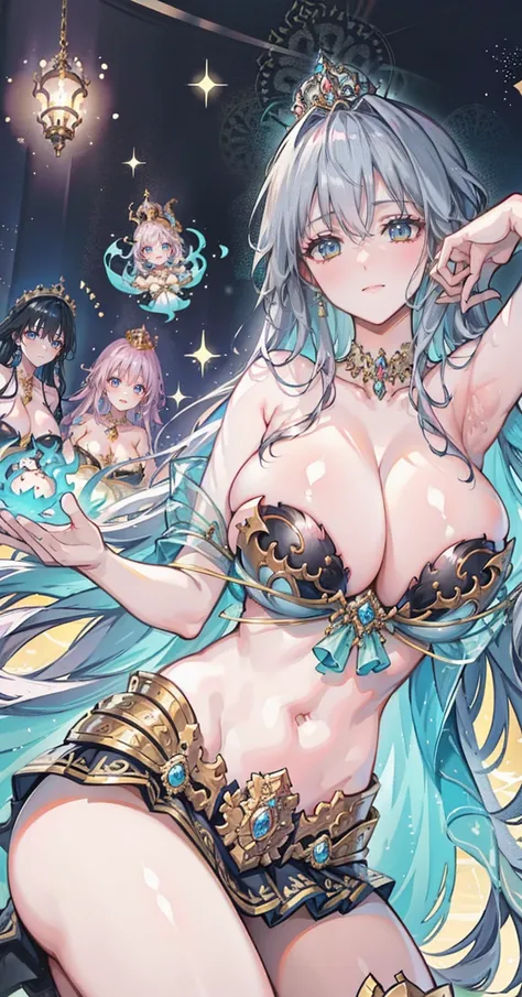 Group of 5 princesses,(6 young women,many young women), (in the bedroom), Various hair styles, harem,(Shiny armor, Beautiful crowns and ornaments,Filigree crystal jewelry), nighttime, detailed face, big breasts,Breast curtain, short skirt, mule, Sleeveless...