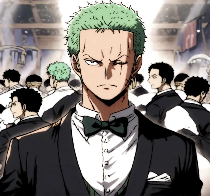 Embark on a creative journey to depict Zoro from the acclaimed anime "One Piece" in a whole new light. Picture Zoro with a touch of elegance as he adorns a sharp all black suit closed and bow tie white closed for a grand gala event, emanating sophisticatio...