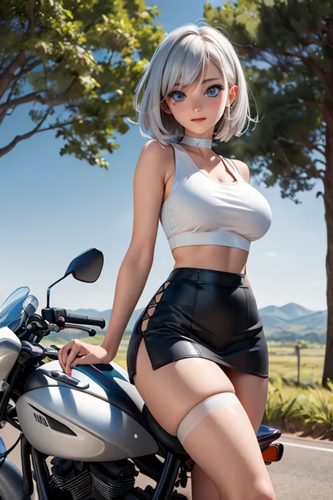 creates a 19-year-old anime girl riding a motorcycle with wide hips and big breasts wearing a black miniskirt and a white tank top with black stockings and with silver hair and blue eyes and a landscape of a highway with trees around it.