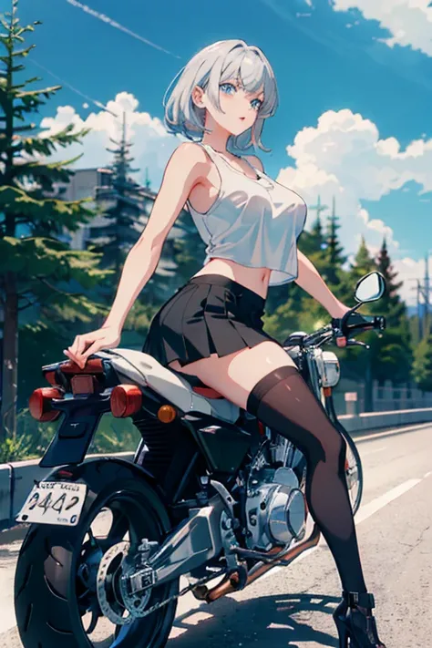 creates a 19-year-old anime girl riding a motorcycle with wide hips and big breasts wearing a black miniskirt and a white tank top with black stockings and with silver hair and blue eyes and a landscape of a highway with trees around it.