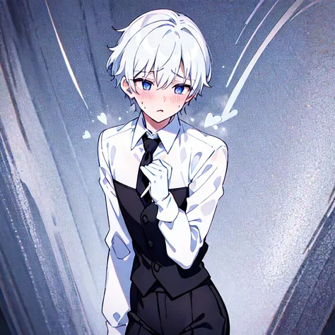 18-year-old boy，cute，Very white skin，Wear a white long-sleeved shirt and a black work tie，Wear black pants，Wear black booties，Wear white gloves，Very thin legs，Very thin waist，blush，sweat，shy，Uncomfortable，porn，Close-up photo