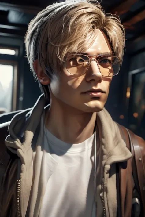 Produce an image that blends the physical features of my best friend Bernardo, who has blonde hair, brown eyes with small freckles on his face, and wears glasses, with the appearance of the characters Leon and Wesker from Resident Evil. Dress him in Leons ...