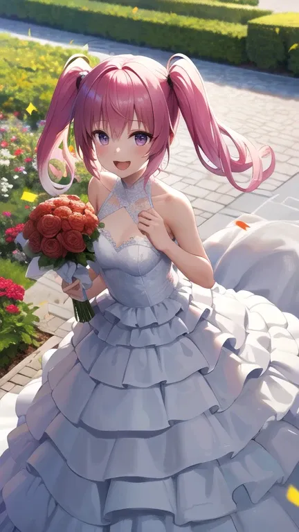 masterpiece, best quality, highres, nana asta deviluke, long hair, twintails, wedding dress, white dress, garden, holding bouque...