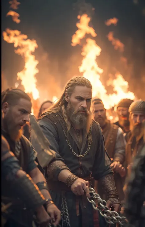 a group of men chained around a fire with flames in the background, long braided viking beard, barba viking, an epic viking batt...