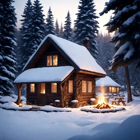 a cute miniature cabin deep in the woods, snow-covered, small fire out front, detailed winter landscape, cozy atmosphere, warm l...