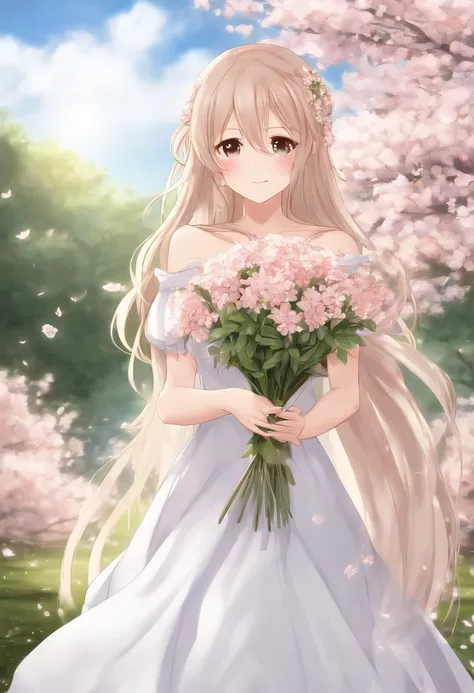 a beautiful anime girl with long white hair holding a bouquet of flowers, 1girl, asuna (sao), dress, long hair, pink flower, solo, smile, brown eyes, brown hair, outdoors, wedding dress, holding, flower, bouquet, breasts, white dress, braid, cherry blossom...