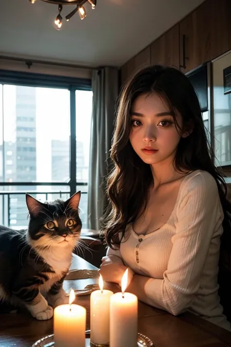 "黒猫🐈‍⬛の仲間とスチームパンクな女の子, Relax in a candlelit room,  Eye contact with viewers, Shooting with wide angle."