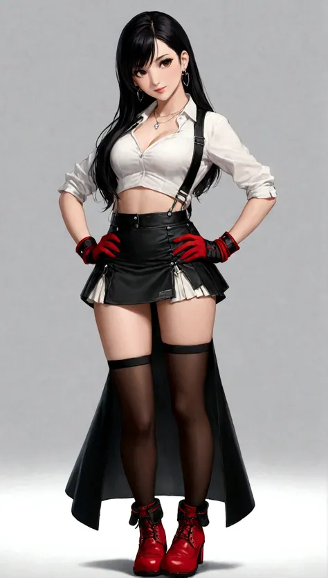 1 girl，One hand on her hip，One hand on waist，White background，Black Hair，黑色skirt，，earrings，肘Gloves，Elbow pads，无指Gloves，Gloves，Jewelry，Long hair，Crouching，miniskirt，belly button，Pencil Skirt，Red footwear，skirt，solo，Suspenders裙，Suspenders，Vest，tifa lockhart