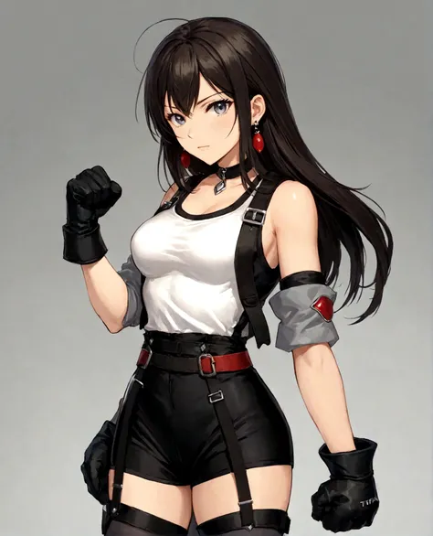 1 girl，White top，黑色Gloves，Fists clenched，穿着白色的Vest，Medium chest，Clenched hands，Upper Body，earrings，肘部Gloves，Elbow pads，无指Gloves，Gloves，Jewelry，Medium breasts，Long hair，solo，Suspenders，Vest，Tight clothing，tifa lockhart