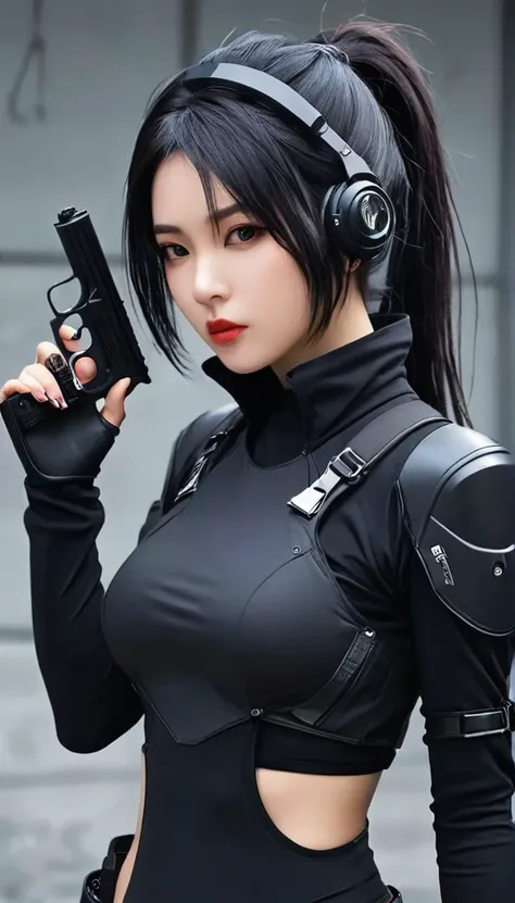 arafed woman in black outfit with a mask and a gun, cyberpunk art inspired by leng mei, tumblr, digital art, all black cyberpunk...