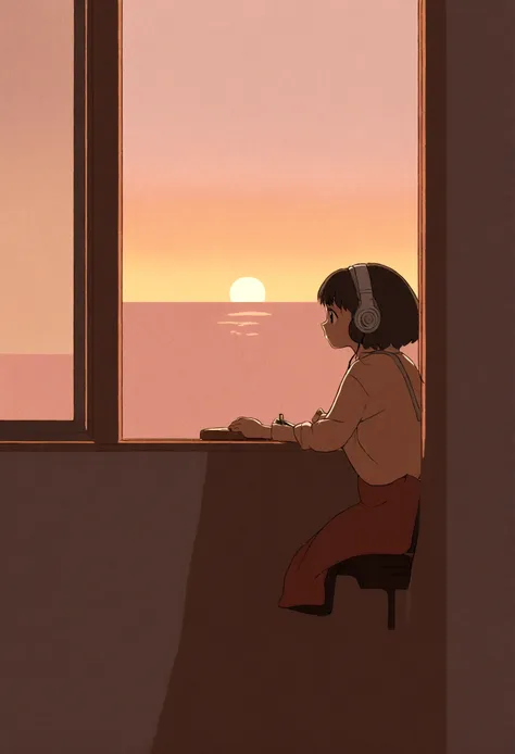 lo-fi　a girl studying at a desk while listening to music,the girl is studying facing the window　i have headphones on,outside, th...