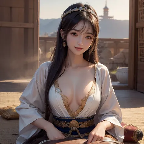 On a flying carpet in the desert 、Hair Flow、 ((highest quality、masterpiece、8k、Best image quality、Ultra-high resolution、Award-winning works)、(Accurate anatomy:1.1)、(Look at me and smile:1.1)、Shining fair skin with Ultra-high resolution、The most detailed fac...