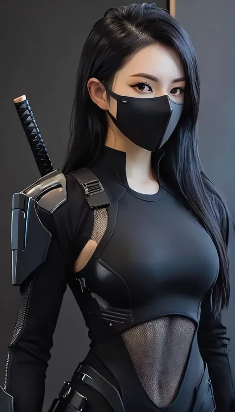 woman dressed in black with mask and japanese sword katana all black cyberpunk clothes, wearing tech outfit and armor, photo of ...