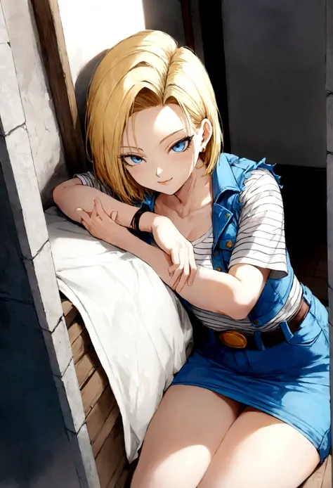 1girl, android18 from "Dragon Ball", Sitting by the window, The background is a peaceful courtyard, with bright sunshine. His face is filled with a gentle smile, as if enjoying this peaceful moment. The picture is composed at a medium distance, full of lif...