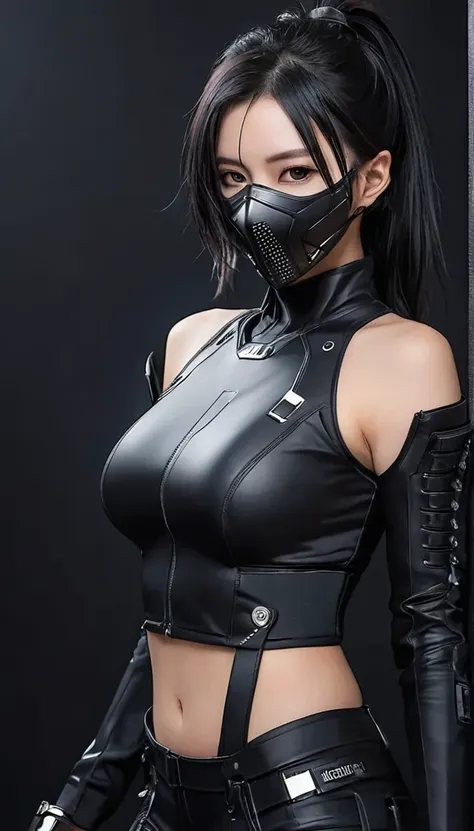 woman dressed in black with mask and japanese sword katana all black cyberpunk clothes, wearing tech outfit and armor, photo of ...