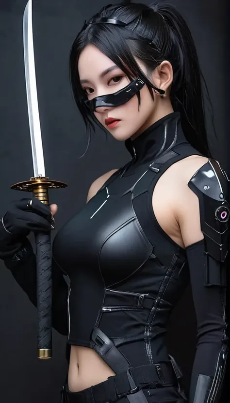 woman dressed in black with mask and japanese sword katana all black cyberpunk clothes, wearing tech outfit and armor, photo of ...