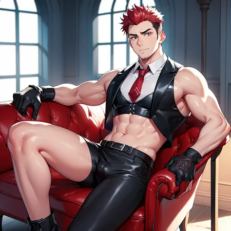 1boy, sukuna, male focus, muscular male, nsfw, 3D, realistic, indoor, normal hue, central, golden ratio, sitting on the leather couch, sharp-featured body, tall, burly, highres, slender build, perfect anatomy, skin texture, thick dark buzzcut hair, see-thr...