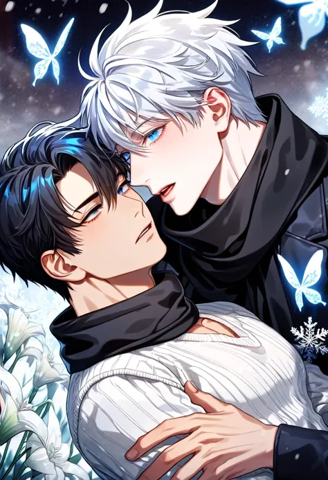 absurdres, highres, ultra detailed, HDR, master piece, best quality, extremely detailed face, delicated features, Kang Woojin, black messy hair, expressive dark blue eyes, Love Jinx, Gojou Satoru, white hair, expressive blue eyes, two sexy men together, ga...