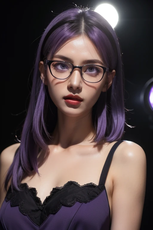 intricate purple dress, beautiful detailed eyes, beautiful detailed lips, extremely detailed face and skin, long eyelashes,  figure, full body pose, modeling, professional model, purple hair, black glasses, photoshoot, studio lighting, 8k, high quality, de...