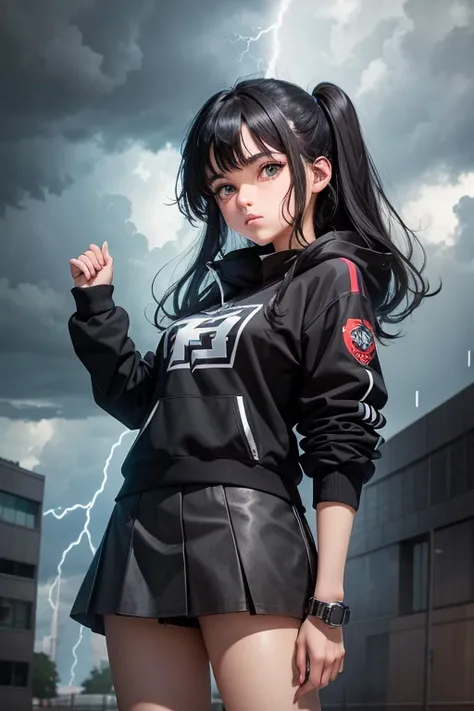 anime style teen girl, black hair, gray eyes, with thunder coming out of her and the sky