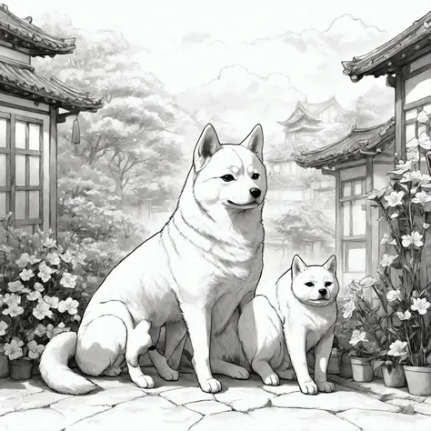 masterpiece, Top-class, Line art background, White Background, Monochrome, Line art, Shiba Inu and Cat、((sketch))