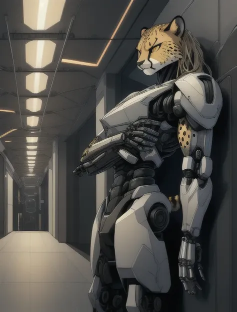 robot (cheetah:1.5), feline, female, (anthro:1.2), (((single, solo,))) (blond long hair:0.5) (leaning back on wall:1.5, intimida...