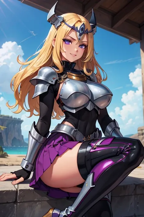 female, blonde long hair, purple eyes, (((1girl))), (((metal breastplate))), (metal gauntlets), (metal heeled boots), (purple skirt), (black thigh high socks), (metal knights helmets), cute and sexy, big breasts, big butt, full body, long legs, smiling