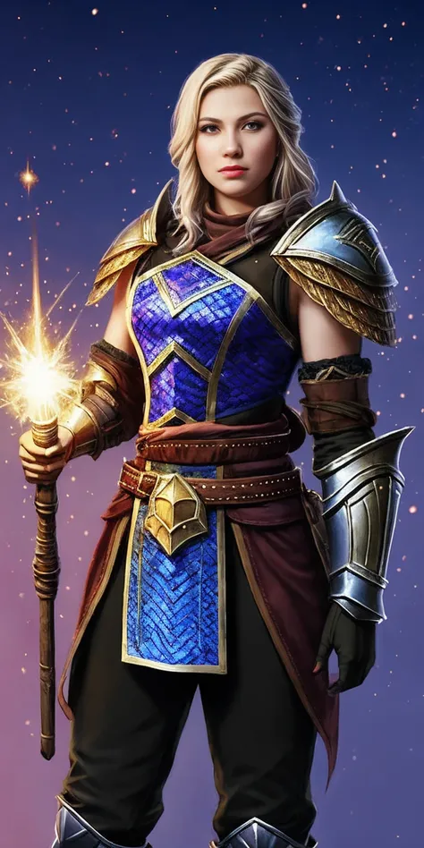 1girl in, age19, Sscore_8_up, score_7_up, 1girl, paladin girl in chainmail armor, tabard, heavy shoulder pads, belt, gauntlets, glowing particles, realistic, smite style