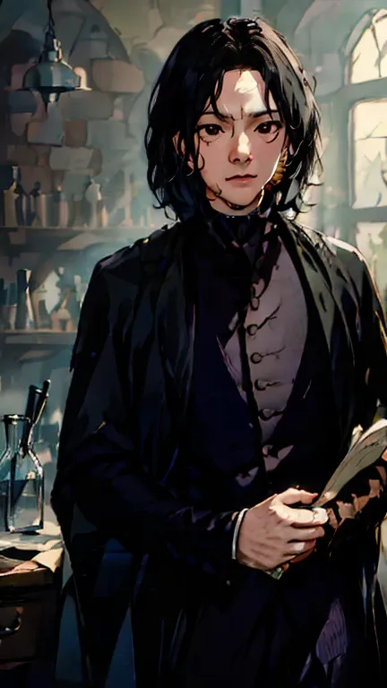 severus snape, sitting at desk, writing on paper, open books on desk, looking at viewer, annoyed look, handsome, slight blush, p...