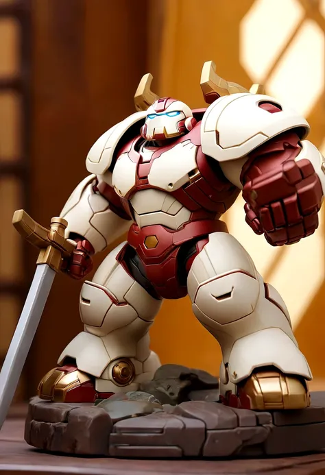 a small rusty white hulkbuster samurai  figure on the table, gold mecha accent, hero pose, bird eye view, holding a sword, dieter ram style