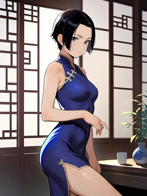 score_9, score_8_up, source_anime, solo, 1girl, tomboy, dress, boa hancock, lole, young, ((aged down)), ikuchan, black hair, black hair, oriental, Chinese dress, short dress, short hair, indoors 