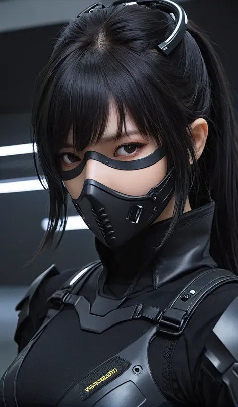 woman in black with mask and all black cyberpunk clothes, wearing tech outfit and armor, photo of a woman in tech gear, dark sci...