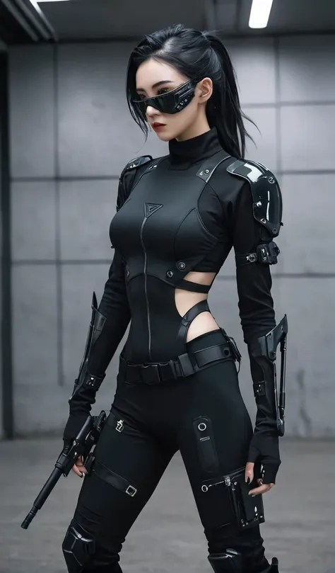 woman in black with mask and all black cyberpunk clothes, wearing tech outfit and armor, photo of a woman in tech gear, dark sci...