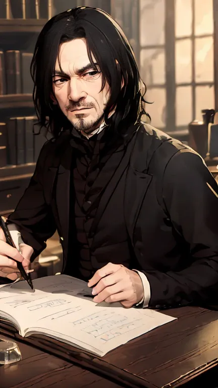 severus snape, sitting at desk, writing on paper, open books on desk, looking at viewer, annoyed look, handsome, slight blush, p...