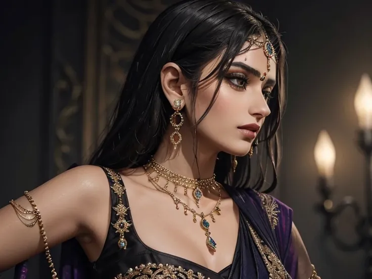 wearing saree、Alafid woman wearing necklace and choker, complex collection, set with precious stones, Dressed in a complicated way, intricate jewelry, with intricate details, intricate clothing, Wear elegant jewelry, intricate details. front, Black jewelry...