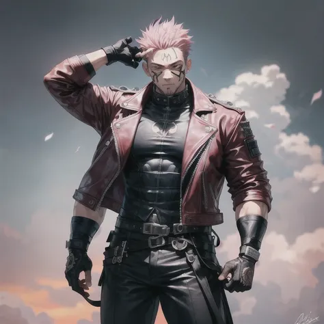 (masterpiece, best quality:1.2), cowboy shot, 1boy, sukuna, leather fingerless gloves, tattoo_on_his_face, manly, full body, biker, pink hair, intricate details, utra detailed, black leather, muscular mature male, eye focus, biker jacket, anatomically corr...