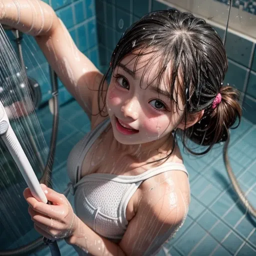 SFW, (Snapshot of girls having fun in an open shower room by the pool), Braid hair, With bangs、(School Swimwear), the body is covered with juice、Sweating、be sweaty、Wet pearl skin, ((Wet swimsuit)), Perfect Lighting, Clear Focus, (bokeH:1.4), Roundly butts,...