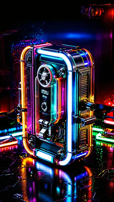 cyberpunk mini tape dispenser, colorful cyberpunk style, neon lights, dark mood, high contrast, (Masterpiece:1.3), (best quality:1.2), (high quality:1.1), detailed intricate design, mechanical components, metallic textures, glowing lights, futuristic techn...