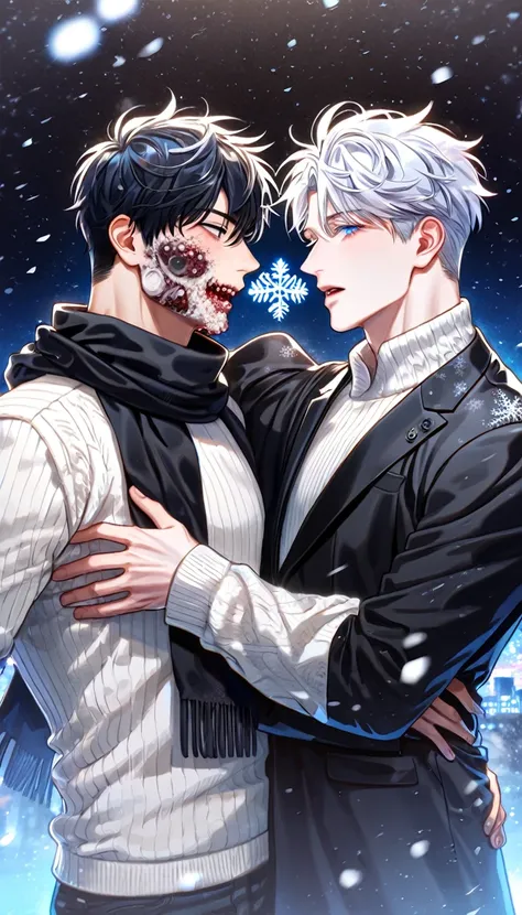 absurdres, highres, ultra detailed, HDR, master piece, best quality, extremely detailed face, delicated features, Kang Woojin, black messy hair, expressive dark blue eyes, Love Jinx, Gojou Satoru, white hair, expressive blue eyes, two sexy men together, ga...