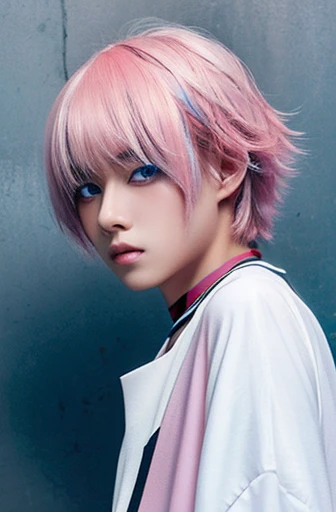 A young androgynous Asian man whose gender cannot be determined, natural  pink hair, medium long hair, straight hair, bangs, like a cat face, natural blue eyes, a little more young