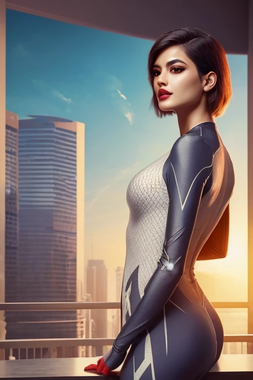 (super futuristic city、science fiction worldview)、on the table, best quality, illustration, Super detailed, fine details, high resolution, 8K, Perfect dynamic composition, Beautiful and delicate eyes,  natural lips, short hair、jumpsuit, super huge titull、