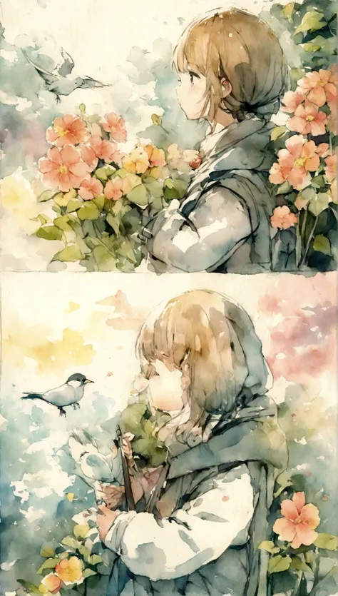 Flowers and birds, japan manga style, sketching, Watercolor color.