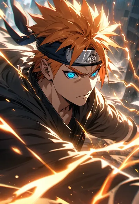 absurdres, highres, ultra detailed, HDR, masterpiece, extremely detailed face and eyes,Naruto uzumaki,orange hair , , solo, man, handsome, Konoha headband,, , Epic fight scene, orange lightning effect, glowing glitters