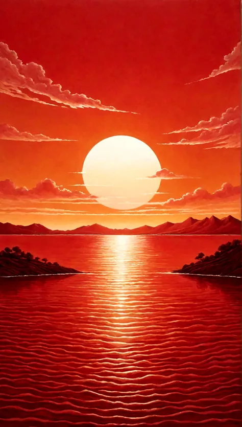 work of art with gradation that is neither watercolor nor oil painting, best quality, super fine, 16k, extremely detailed, 2.5D, delicate and dynamic, white line art on red background, sunset landscape