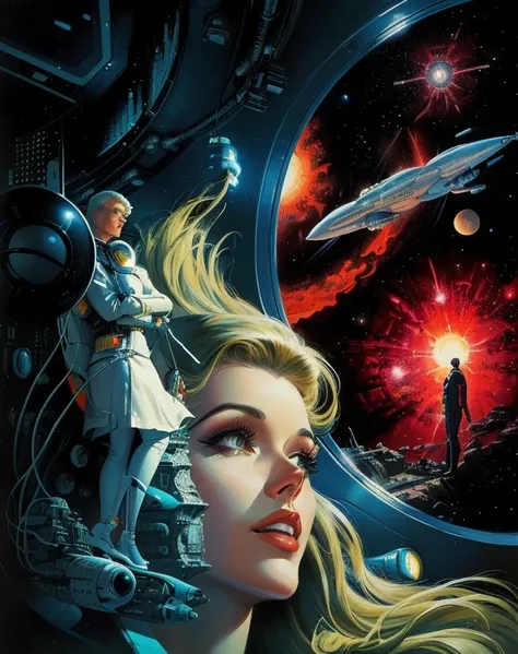 Painting of a woman and a man, looking at a spaceship, Retro sci-fi art, Frank Kelly Frees, Kelly Frees style, Vintage sci-fi art, inspired by Kelly Frees, Science fiction book cover, 5 0 s Sci-fi pulp illustration, Retro 1 9 6 0 S Sci-fi art, Sci-fi pulp ...