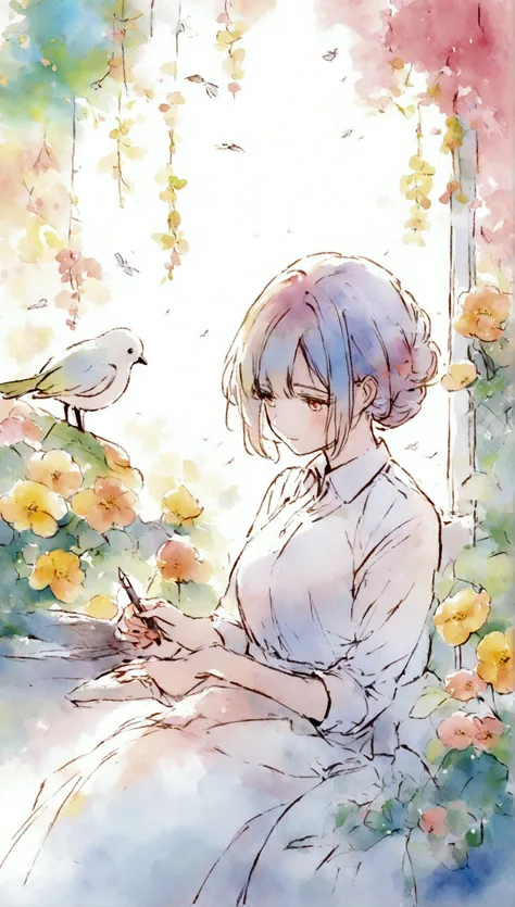 Flowers and birds, sketching, Watercolor color.