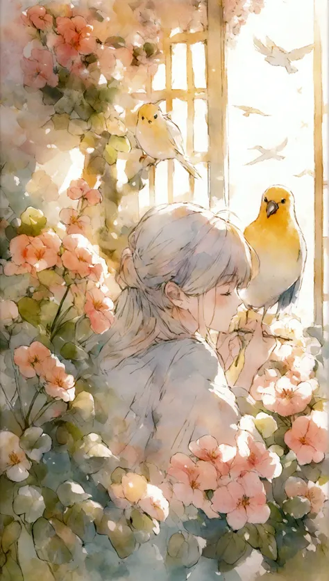 Flowers and birds, sketching, Watercolor color.