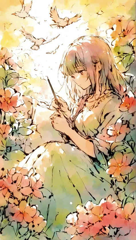 Flowers and birds, sketching, Watercolor color.